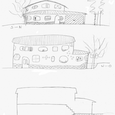 rough elevation sketches, views from the east and south