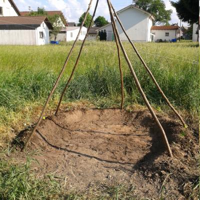 grünes Tipi, frisch bepflanzt und noch ohne Schnur